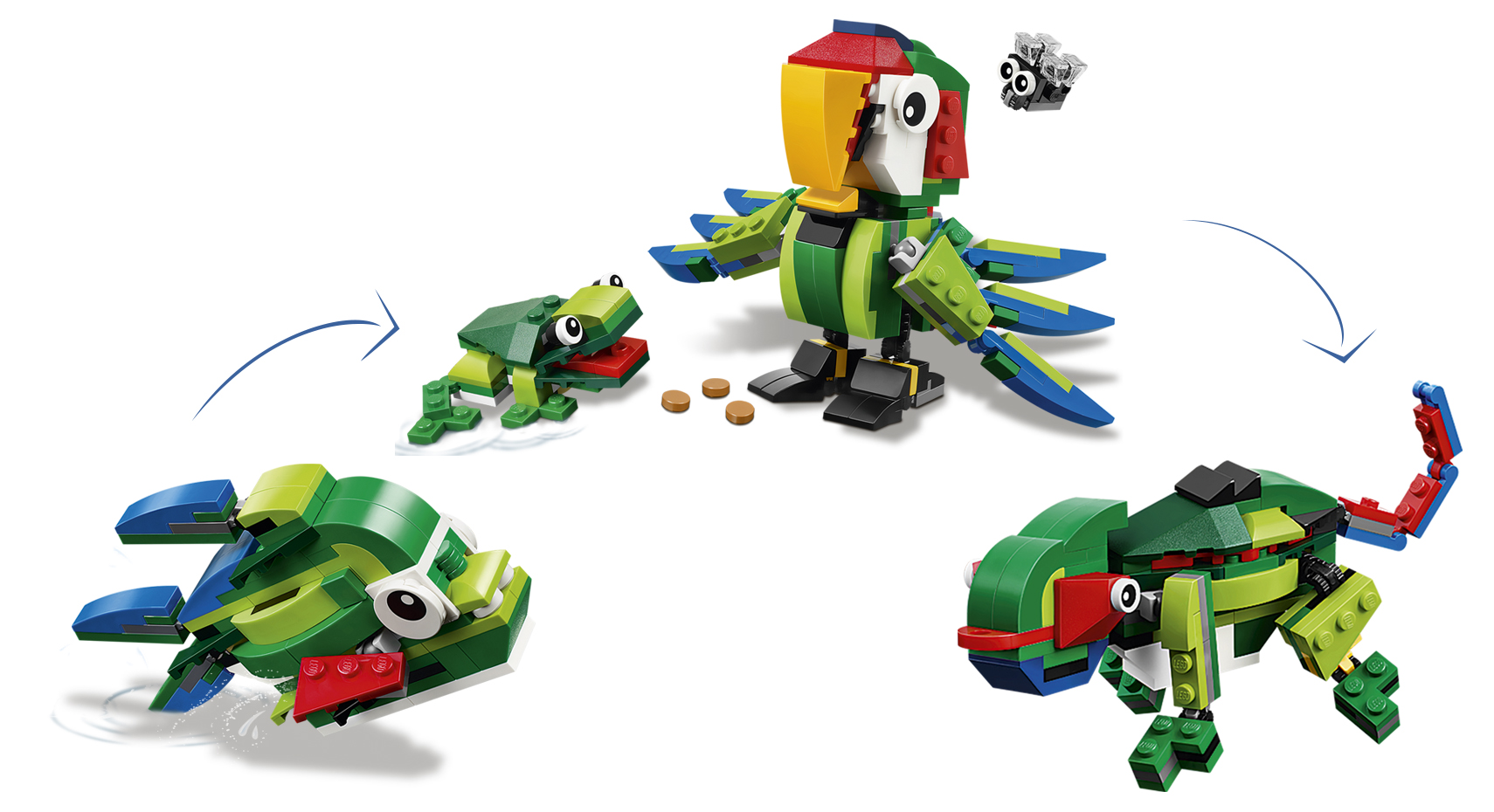 Set de Lego Creator para construir un loro, una rana, una mosca, un camaleón y una piraña.