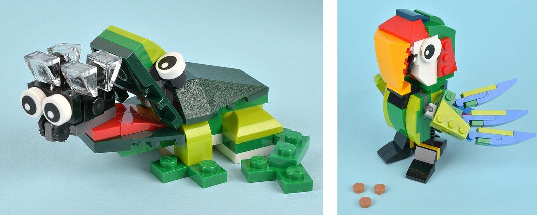 Rana, mosca y loro creados con piezas de Lego.