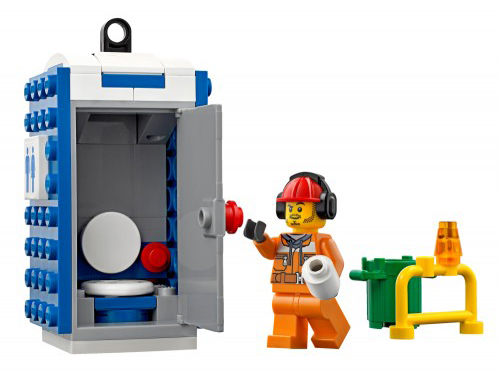 Baño portátil de Lego con trabajador enfadado